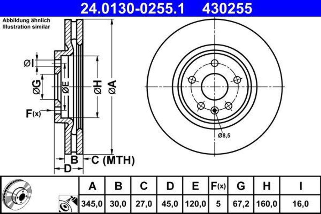 ATE 24.0130-0255.1 Bremsscheibe OE 13598064 kompatibel mit Insignia