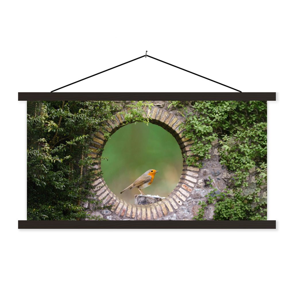 MuchoWow Textilposter Vogel - Durchblick - Rotkehlchen 90x45 cm mit schwarzem Rahmen - Klemmleisten