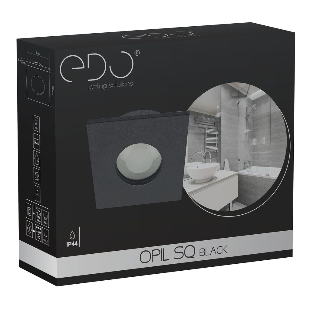 The image shows the product packaging for a black square recessed light fixture.