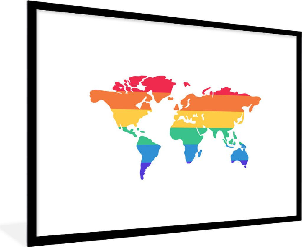 MuchoWow Gerahmtes Poster Weltkarte - Stolzflagge - Regenbogen 90x60 cm - Poster mit Schwarzem Bilderrahmen Wandposter Rahmen Foto Bilder - Wandd...