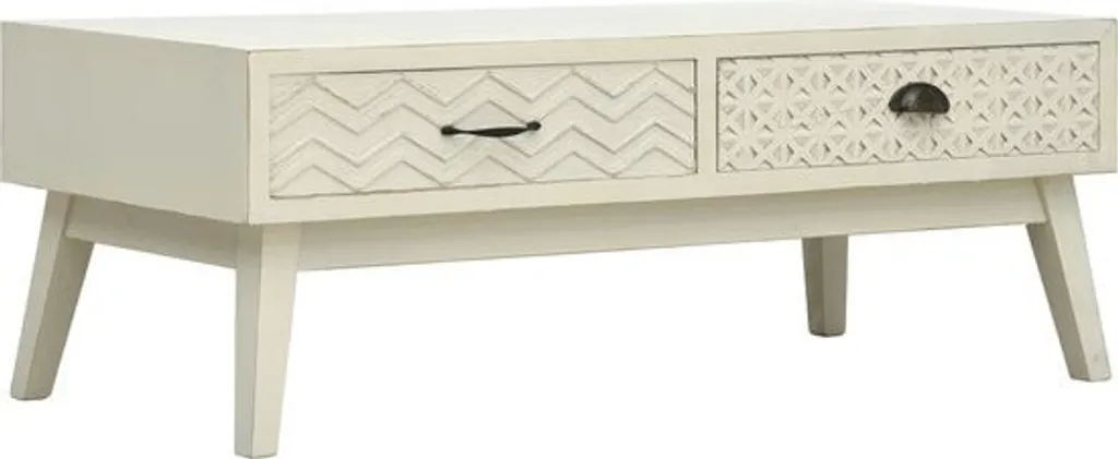 Table d'appoint de salon grise en bois massif avec tiroirs décorés