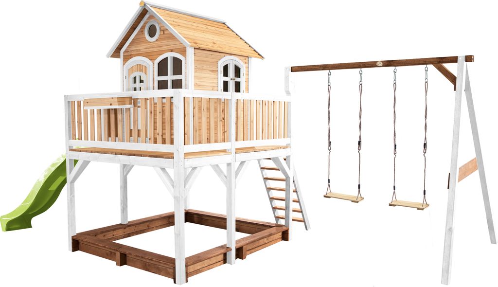 AXI Spielhaus Liam mit Sandkasten, Doppelschaukel & hellgrüner Rutsche | Stelzenhaus XXL in Braun & Weiß aus Holz für Kinder | Spielturm mit We...