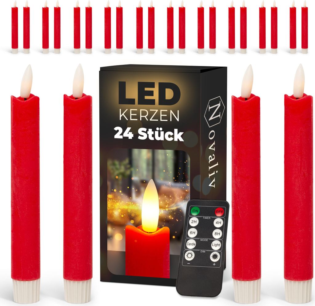 LED Stabkerzen 24 Stück ECHTWACHS ROT - mit Timer Funktion Produktbild 