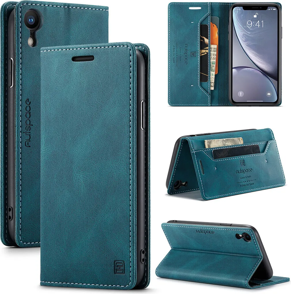 iPhone XR Custodia a portafoglio, RetroPoliuretanoCustodia in pelle Stand Custodia protettiva per iPhone XR Blu