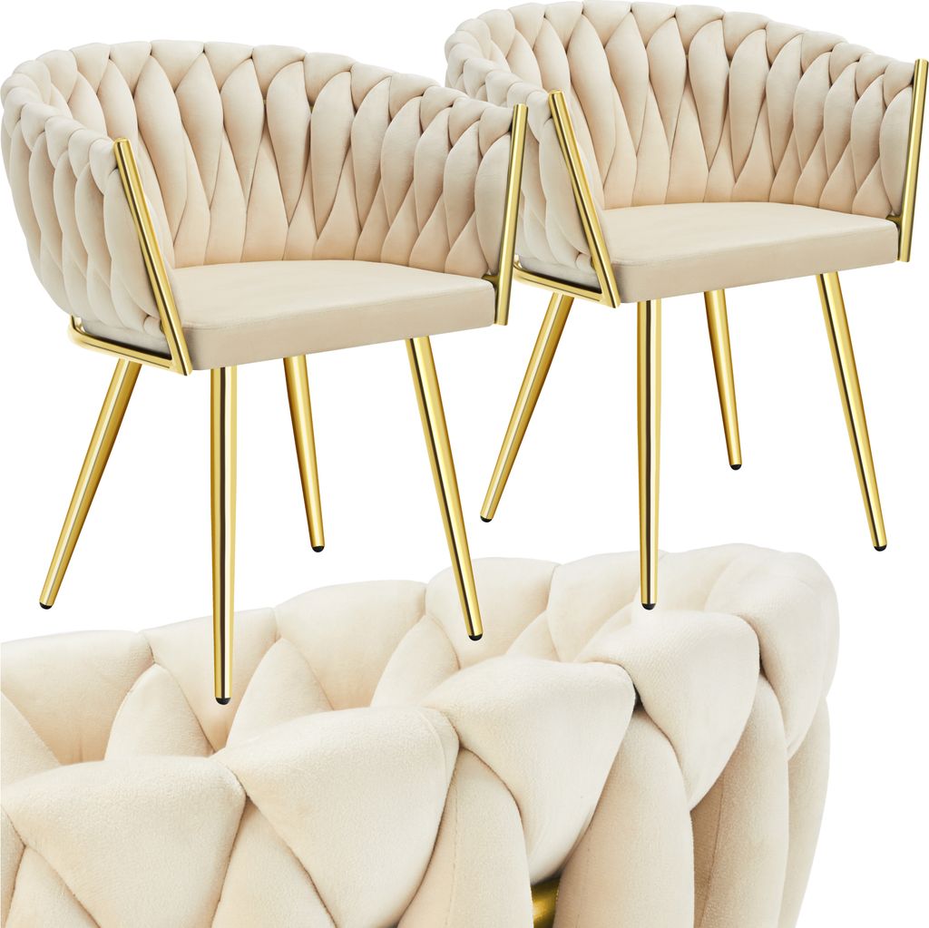Two cream-colored chairs with gold legs are shown against a white background.