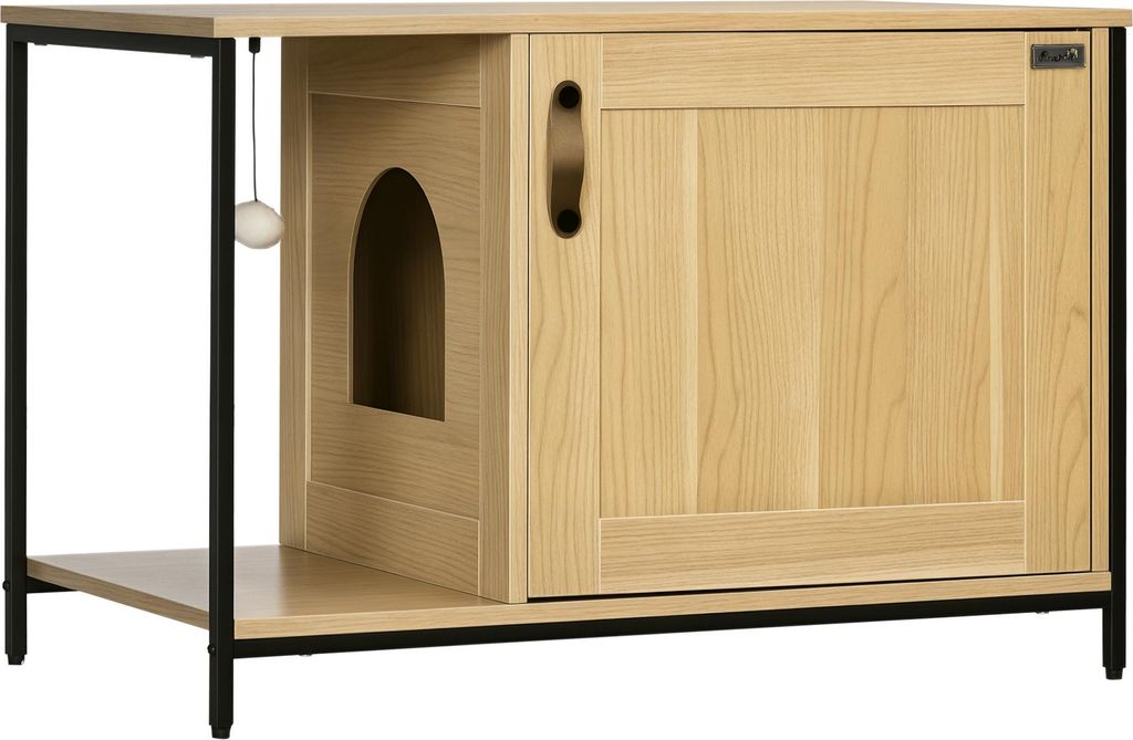 PawHut Katzentoilette, Industriestil, Seiteneingang, Hängekugel, Stahlrahmen, helle Holzoptik