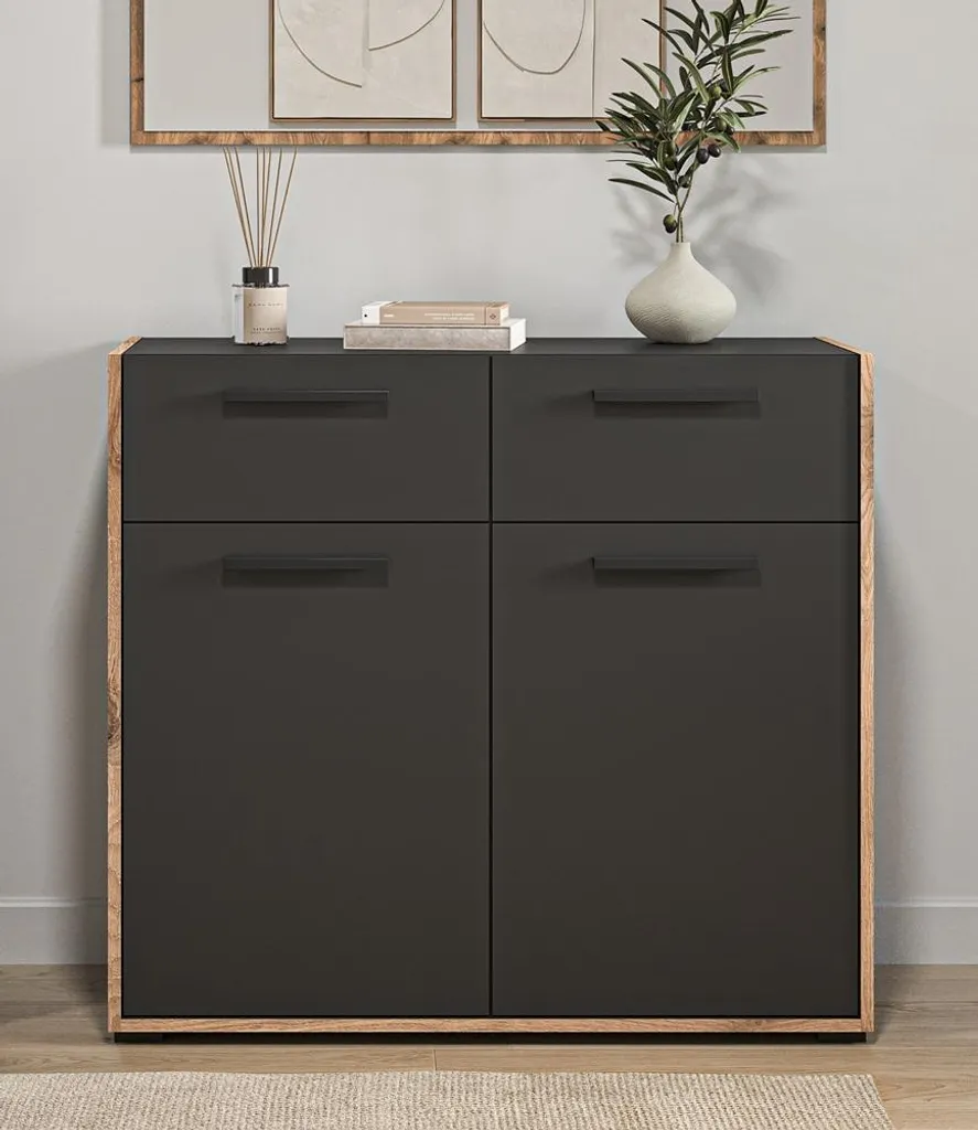 Commode Bueno 2 portes et 2 tiroirs gris foncé - Buffet bas moderne
