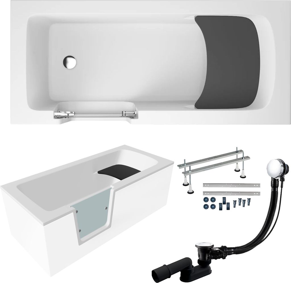 Badewanne Rechteck Set 5in1 160x75 Links, Seniorenbadewanne + Glastür und Holzsitz, Premium Ablaufgarnitur und Füßen | BADLAND VOVO