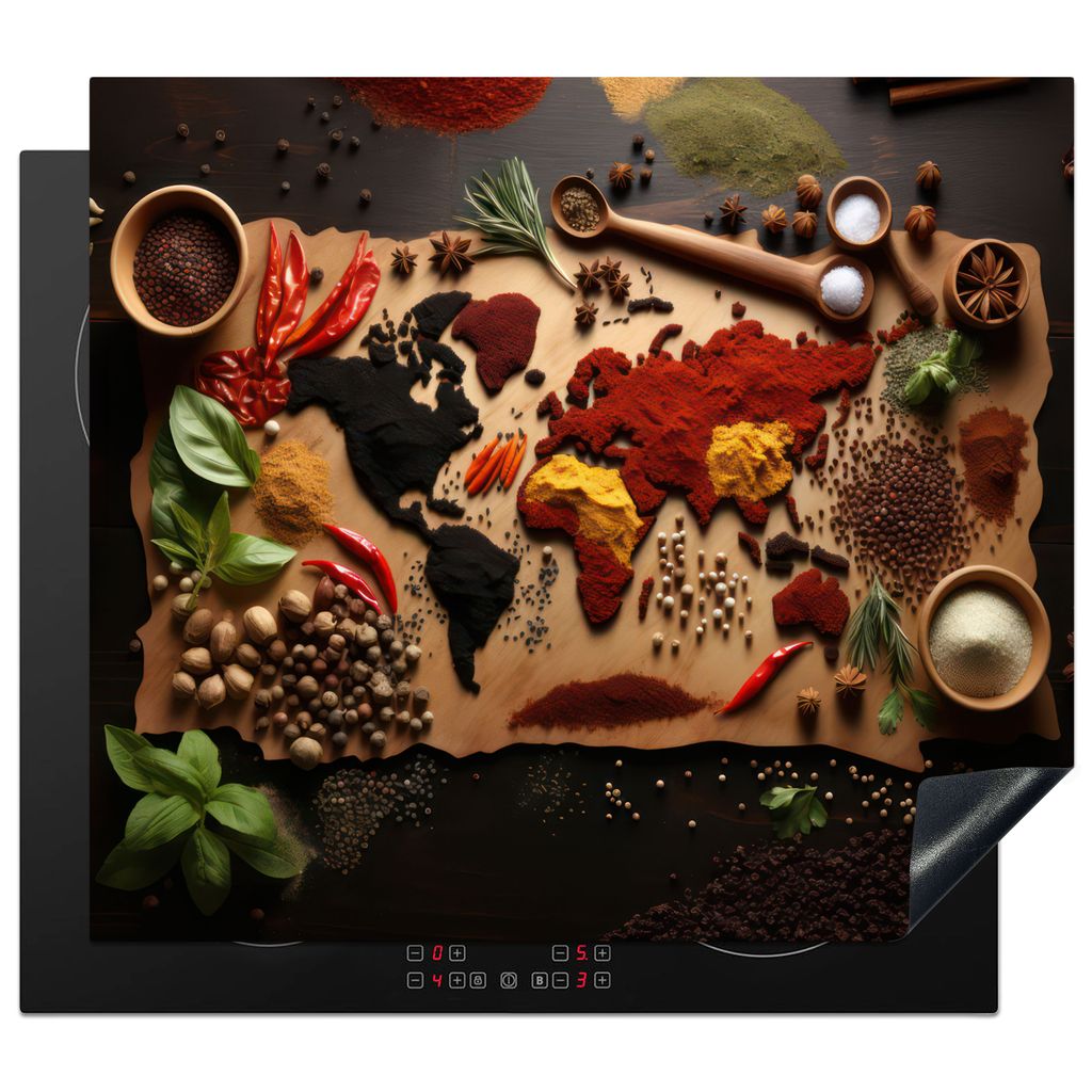 KitchenYeah Herdabdeckplatte Kräuter - Gewürze - Weltkarte - Braun - Löffel - Farbenfroh , 60x52cm, Küche Deko, Glaskeramikkochfeld Herdabdec...