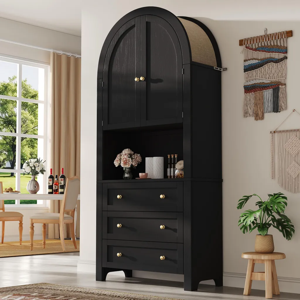 Fortuna Lai Armoire de Rangement Haute Noire avec Tiroirs et Portes