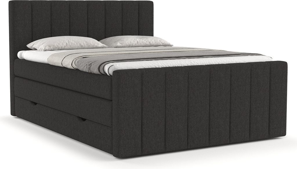 Boxspringbett Livia Interiors, Bett 200x200 cm, mit Behälter, Doppelbett, H3 Bonell- und Taschenmatratze und Topper, Webstoff Inari - Schwarz
