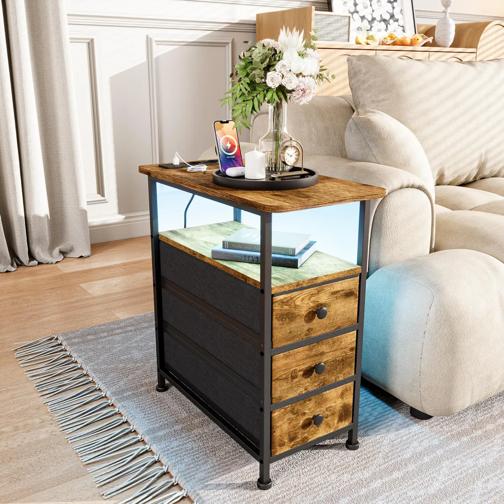Table de Chevet Connectée pour Chambre, Meuble de Rangement LED Fauve