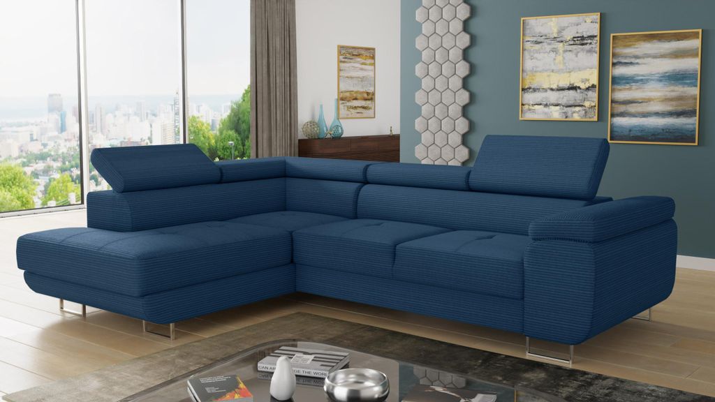 Ecksofa Caris mit Schlaffunktion und einstellbare Kopfstützen, Cord Stoff, Wohnlandschaft mit Bettkasten, Couch, Sofa, Bettsofa (Blau (Poso 005), ...