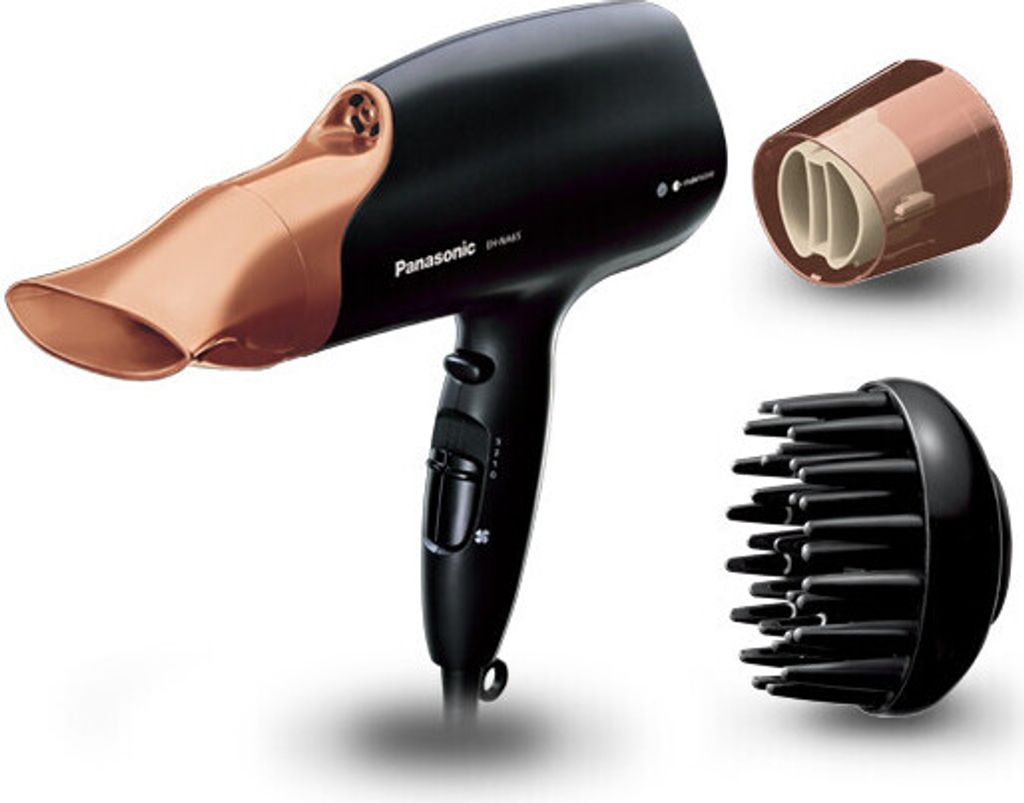 A black Panasonic hair dryer with copper accents and two attachments, a concentrator nozzle and a diffuser, are displayed against a white background.
