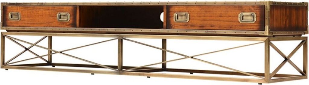 Casa Padrino Luxus Vintage Stil TV Schrank Braun / Messing 188 x 45,5 x H. 41,5 cm - Vintage Stil Sideboard mit 2 Schubladen - Vintage Stil Wohnzim...