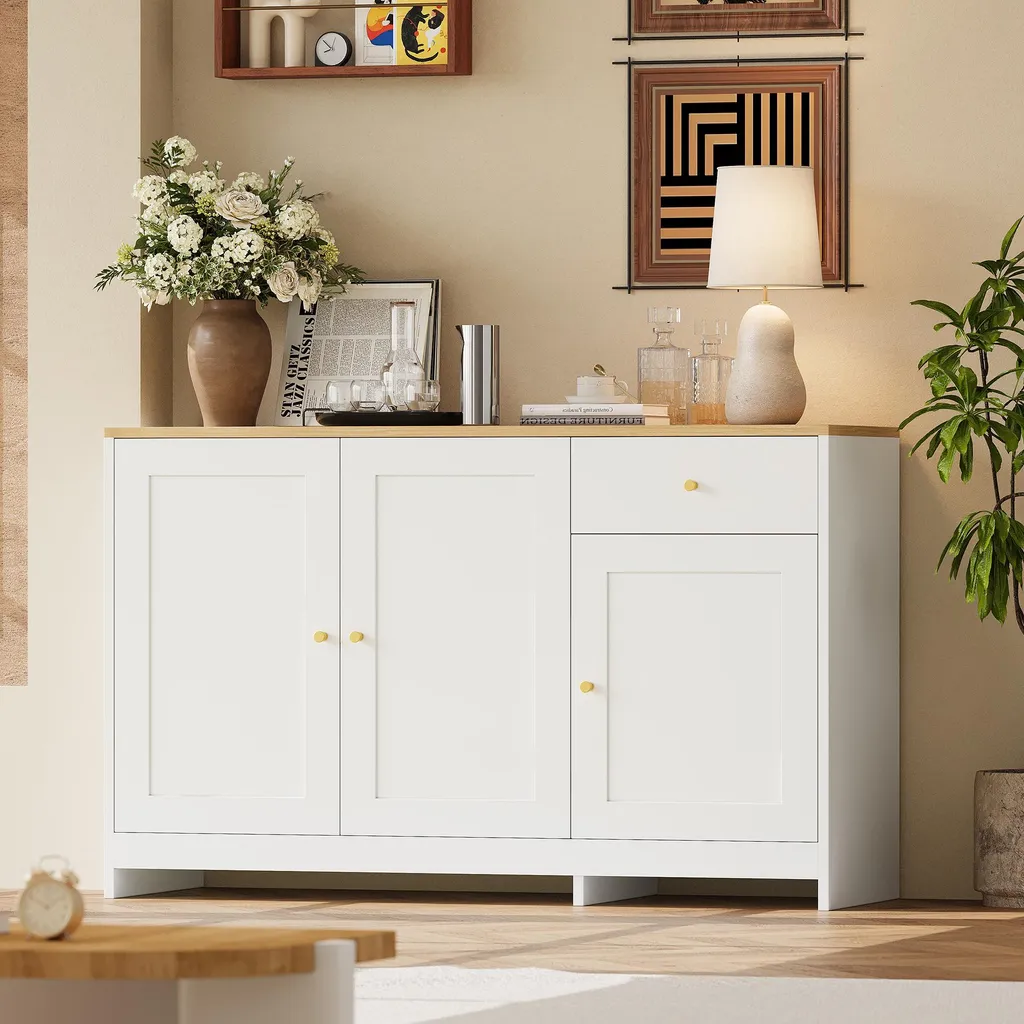 Buffet de cuisine et salon bicolore blanc bois avec 3 portes et tiroir