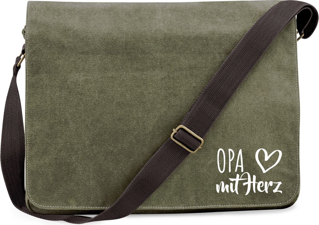 Huuraa Umhängetasche Opa mit Herz 14 Liter Military Green Canvas Laptoptasche Geschenkidee