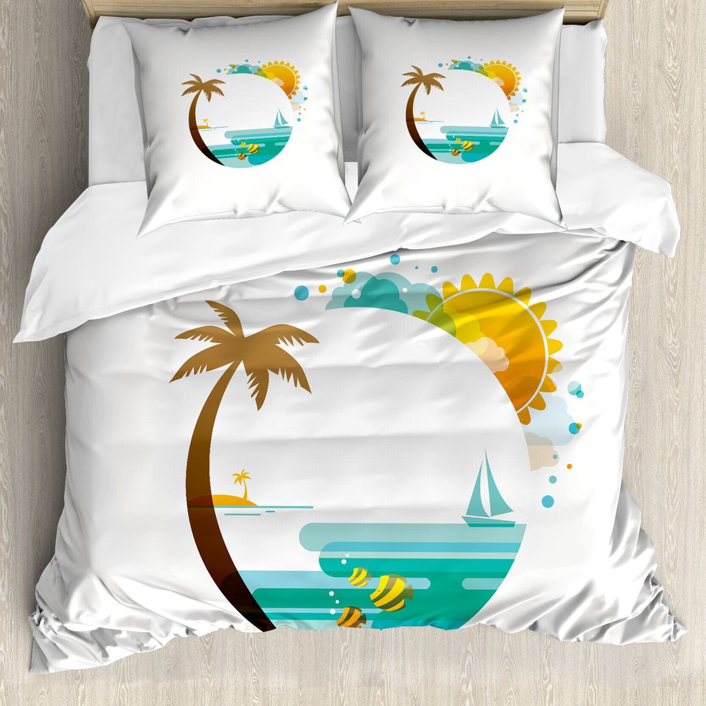 ABAKUHAUS Strand Bettbezugs Set Für Doppelbetten, Tropischer Paradies Sommer, Milbensicher Allergiker geeignet mit Kissenbezügen, Türkis Ringelb...