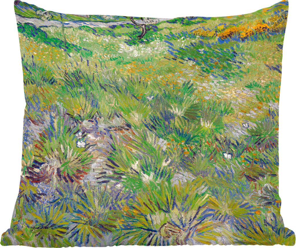 MuchoWow Zierkissen Sofakissen Wohnzimmer Dekokissen 40x40 cm Langes Gras mit Schmetterlingen - Gemälde von Vincent van Gogh - Foto Kissen - Sch...