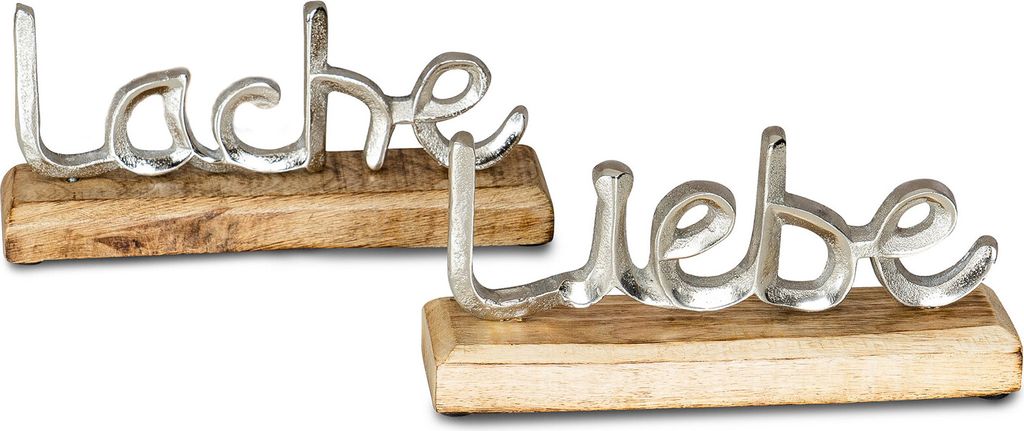 2er Set Schriftzug Liebe Lache L23cm Metall Silber Mango Holz Aufsteller Deko