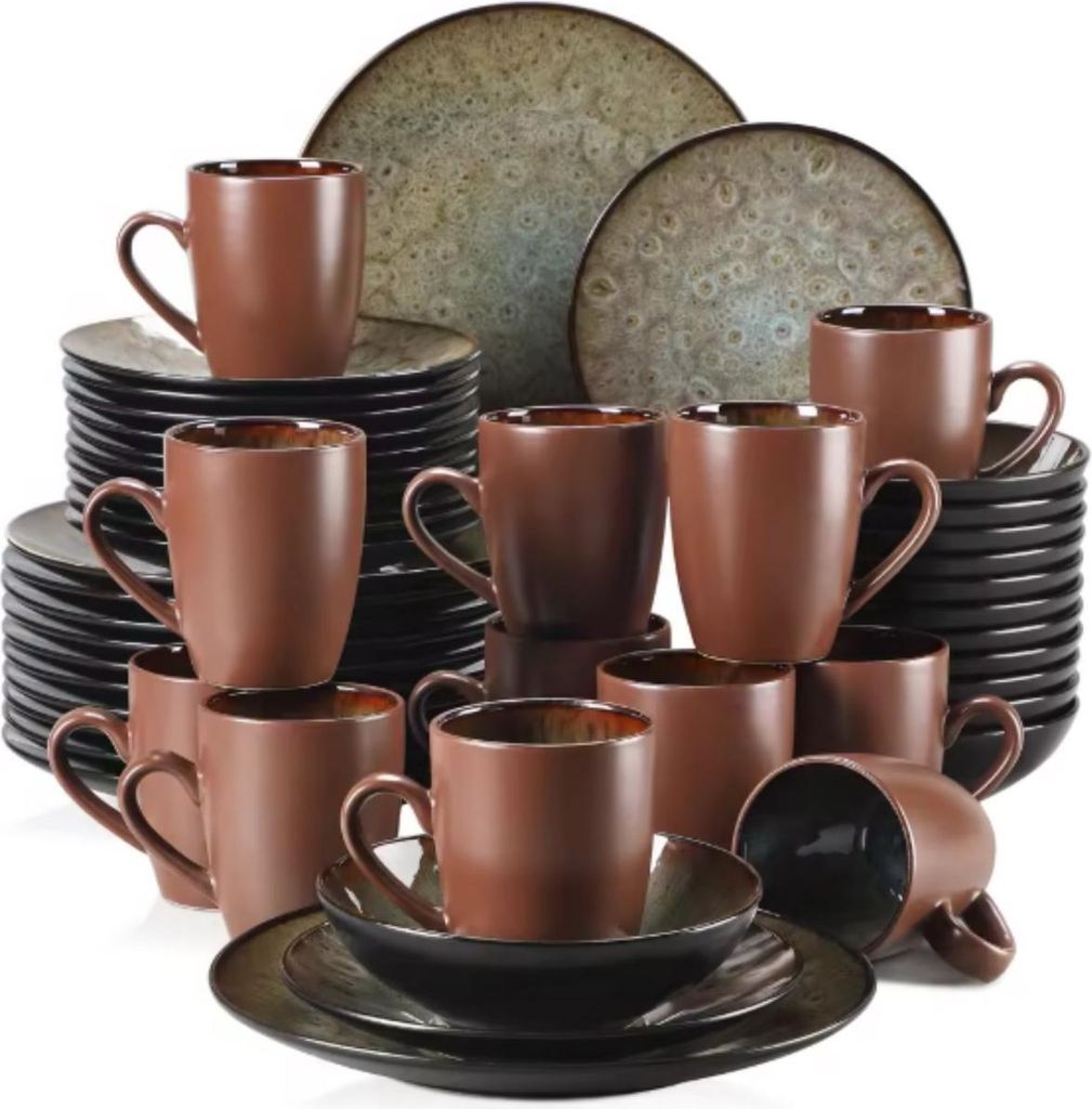 Lorentino Serviesset – 48-teilig – 12 Personen – Braun Keramik – Esstelle, Tiefe Teller & Frühstücksteller – Komplettes Küchenservies