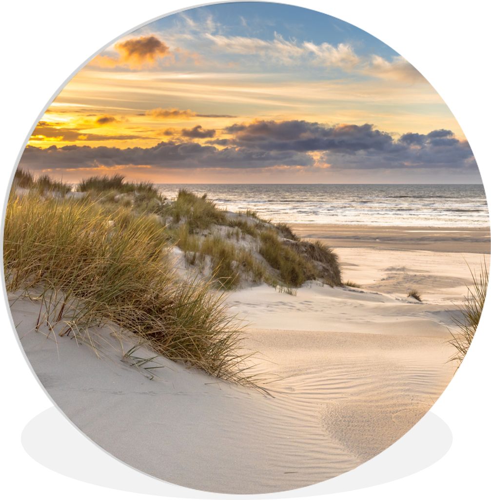 MuchoWow Rundes Wandbild - Runde Bilder Strand - Düne - Gras - Sonnenuntergang - Meer Ø 30 cm Kreis Wanddekoration Kunststoff - Wandkreis - Wan...