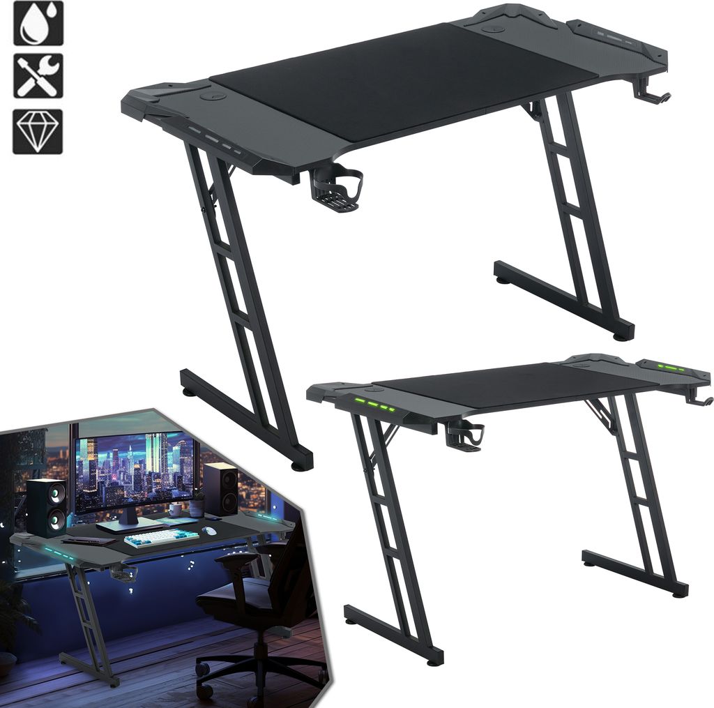 A collage of images showing a gaming desk with LED lighting, a close-up of its features, and a lifestyle shot of the desk set up with a computer and chair.