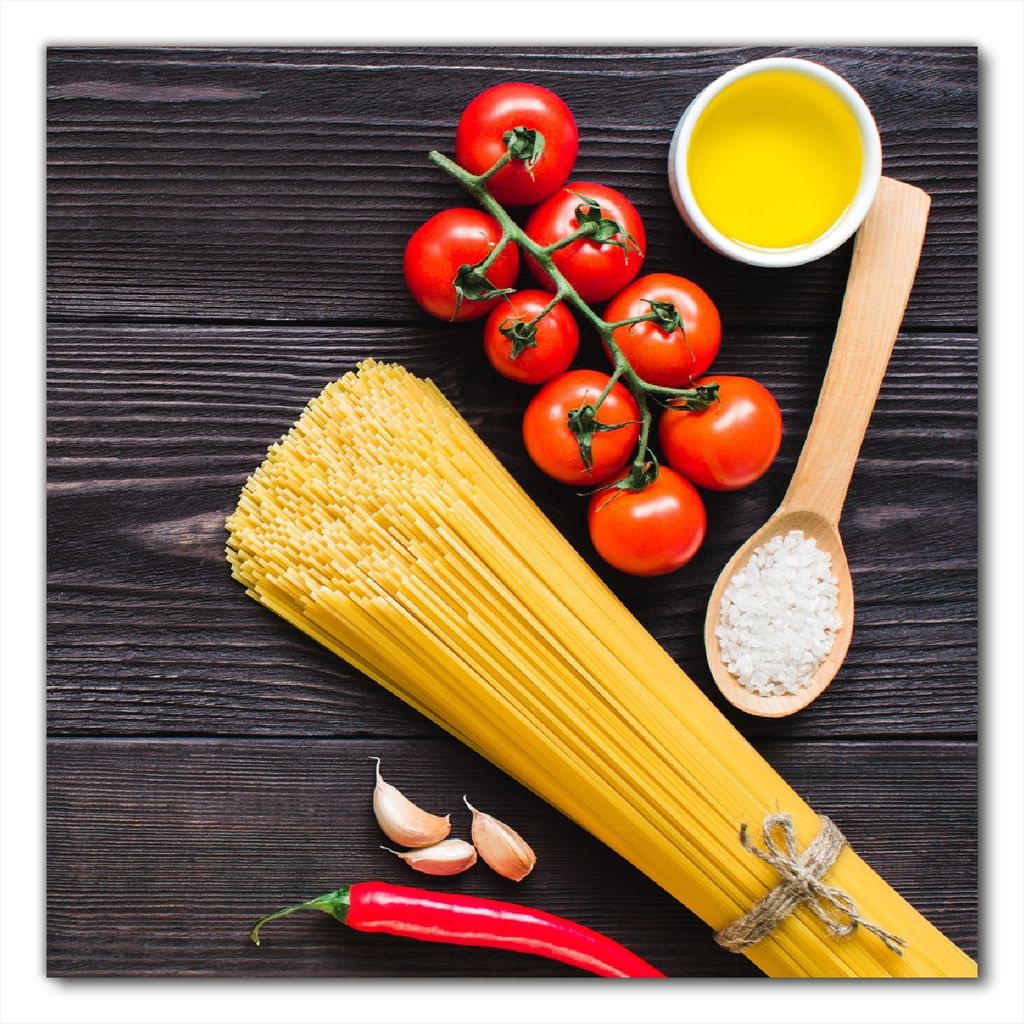 Wallario selbstklebende Möbelfolie/ Tischdecke für Innen und Außen, Größe: 80 x 80 cm - Italienisches Menü mit Spaghetti, Tomaten, Salz und C...