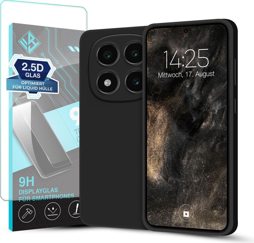 Hülle für Xiaomi Redmi Note 14 Pro mit 9H Displayglas Displayschutz Plus Case Cover Bumper Silikon Softgrip Schutzhülle Farbe: Schwarz