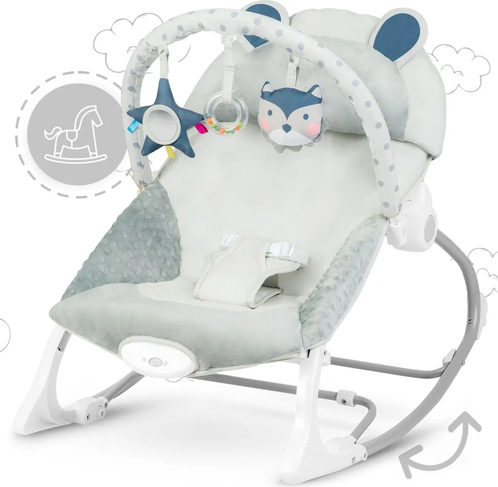 Transat bébé vibrant gris avec tissu doux et sécurité renforcée 0-9kg