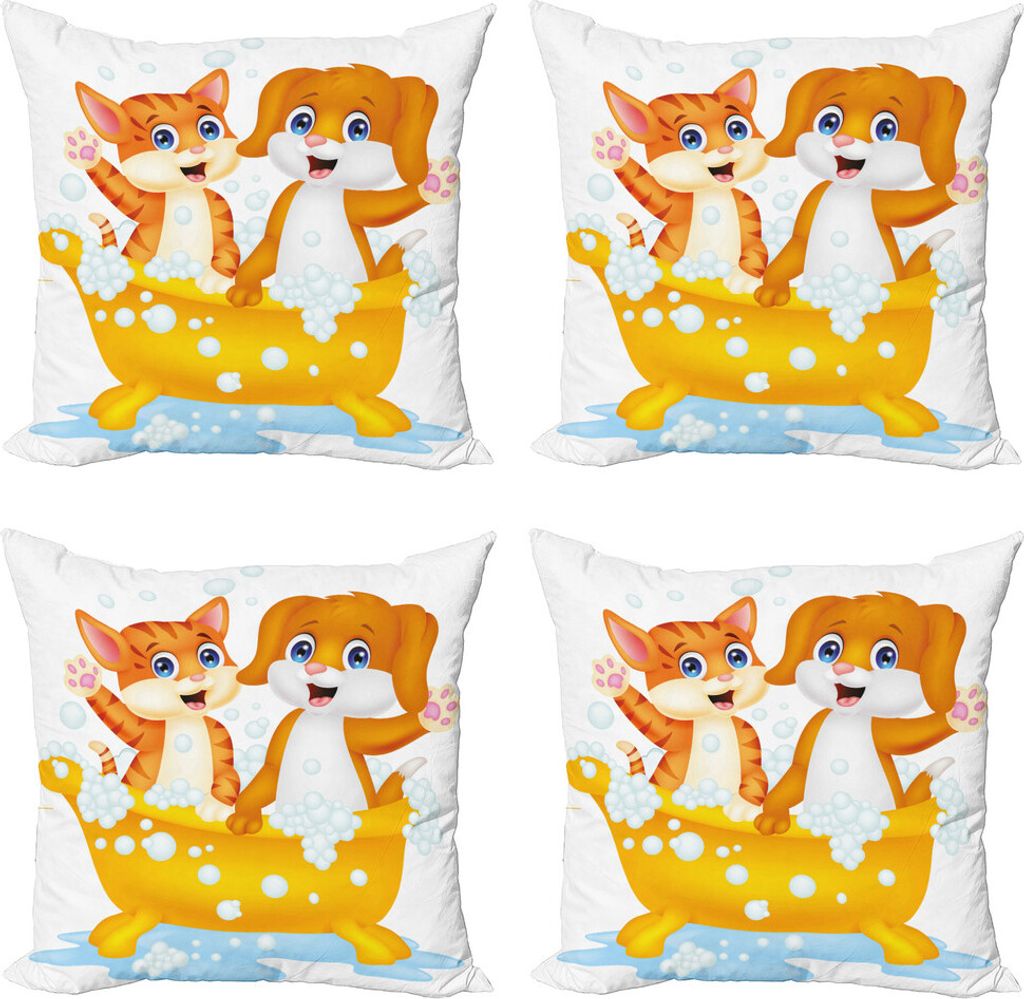 ABAKUHAUS Tier Kissenbezug Set (4 Stück), Cartoon-Katze und Hund Bad, Moderner Doppelseitiger Digitaldruck, 50 cm x 50 cm, Gelb Braun Blau