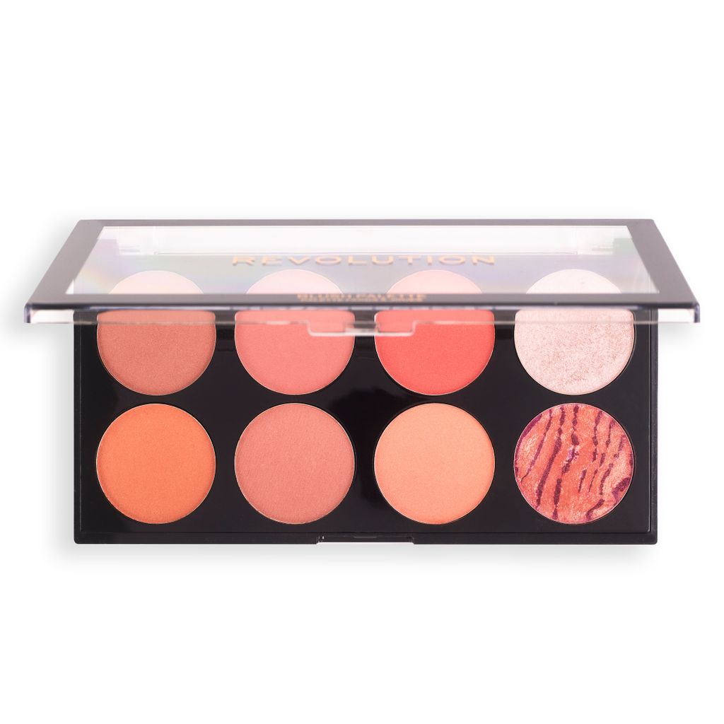 A makeup palette with eight circular pans of blush and highlighter, displayed in a black case with a clear lid.