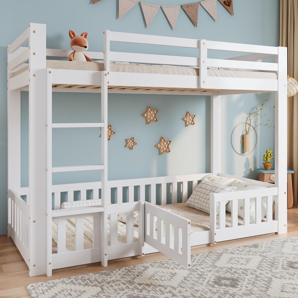 STILVORA Etagenbett 90x200 Holzbett ohne Matratze,Jugendbett mit Absturzsicherung und Geländer+Tür,mit rechtwinkliger Treppe,Weiß
