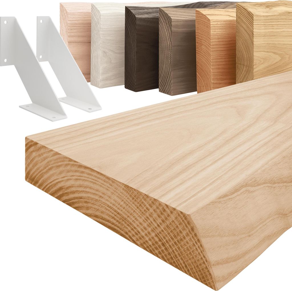 LAMO Manufaktur Wandregal Holz Baumkante | Regal Farbe: Natur | mit weißem Vintage Regalträger | 90 cm