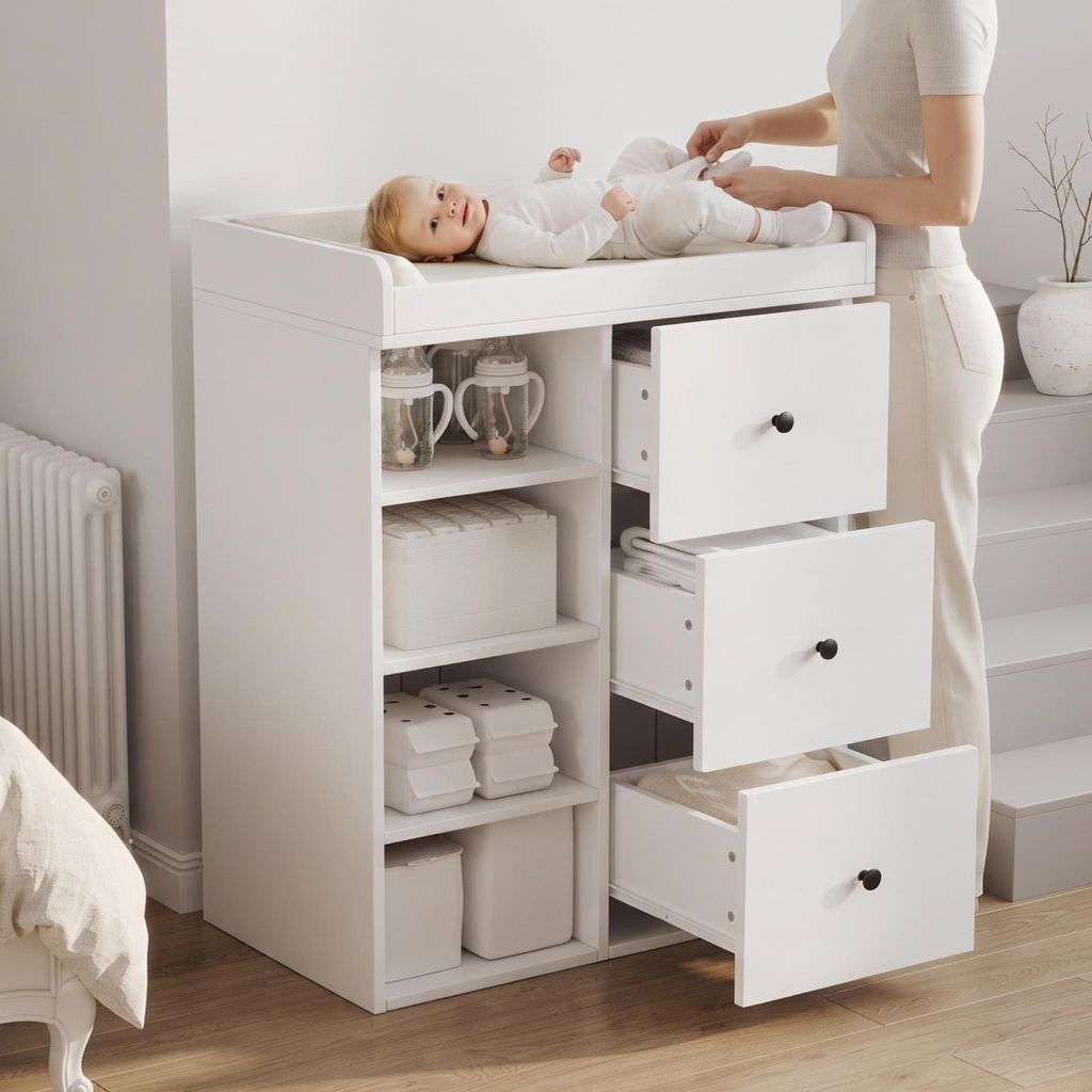 Commode à langer Flieks avec 3 tiroirs et étagère, commode Image du produit 