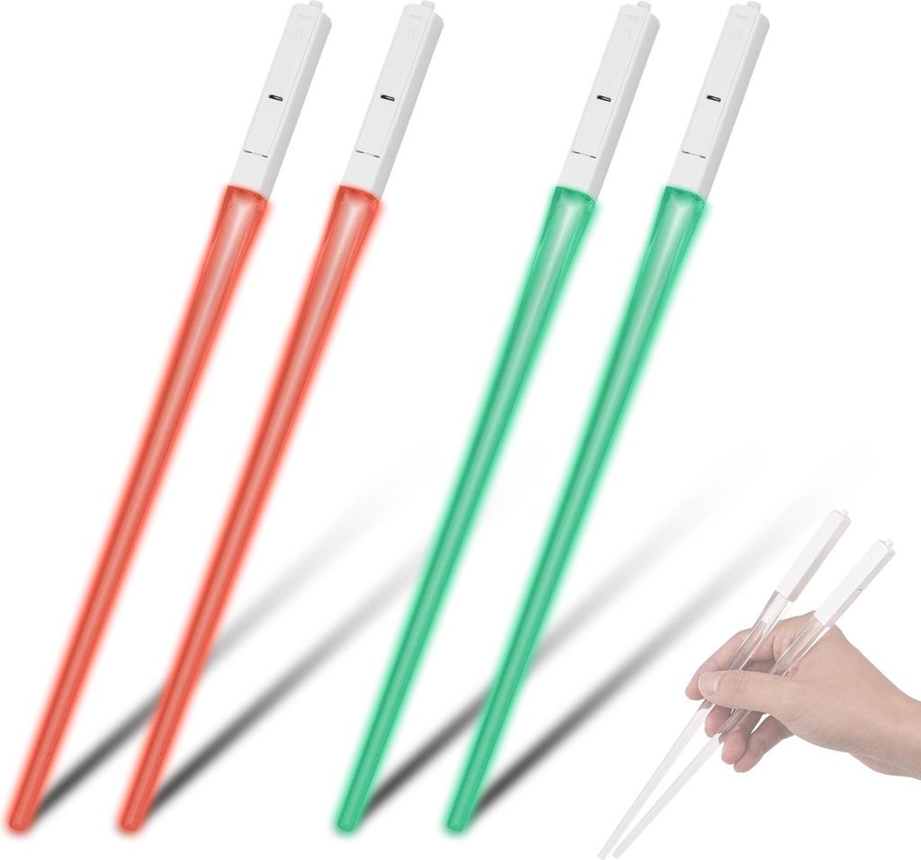 2 Paar Lichtschwert-Essstäbchen, leuchtende LEDs, 9 bunte Farbwechsel, transparentes ABS, leicht und tragbar, wiederverwendbar, mit abnehmbarem, s...