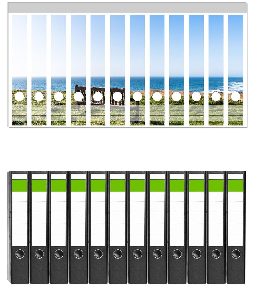 Wallario 12 Stück schmale Ordner inkl. Klebeetiketten mit Motive Bank mit Aussicht - Set mit Rückenschildern / Ordnerrücken Stickern