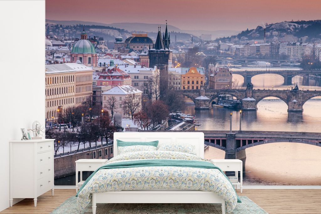 MuchoWow Fototapete für Wohnzimmer oder Schlafzimmer Wandtapete Vinyl Motivtapete Brücke - Sonnenuntergang - Prag - 390x260 cm - Papiertapete