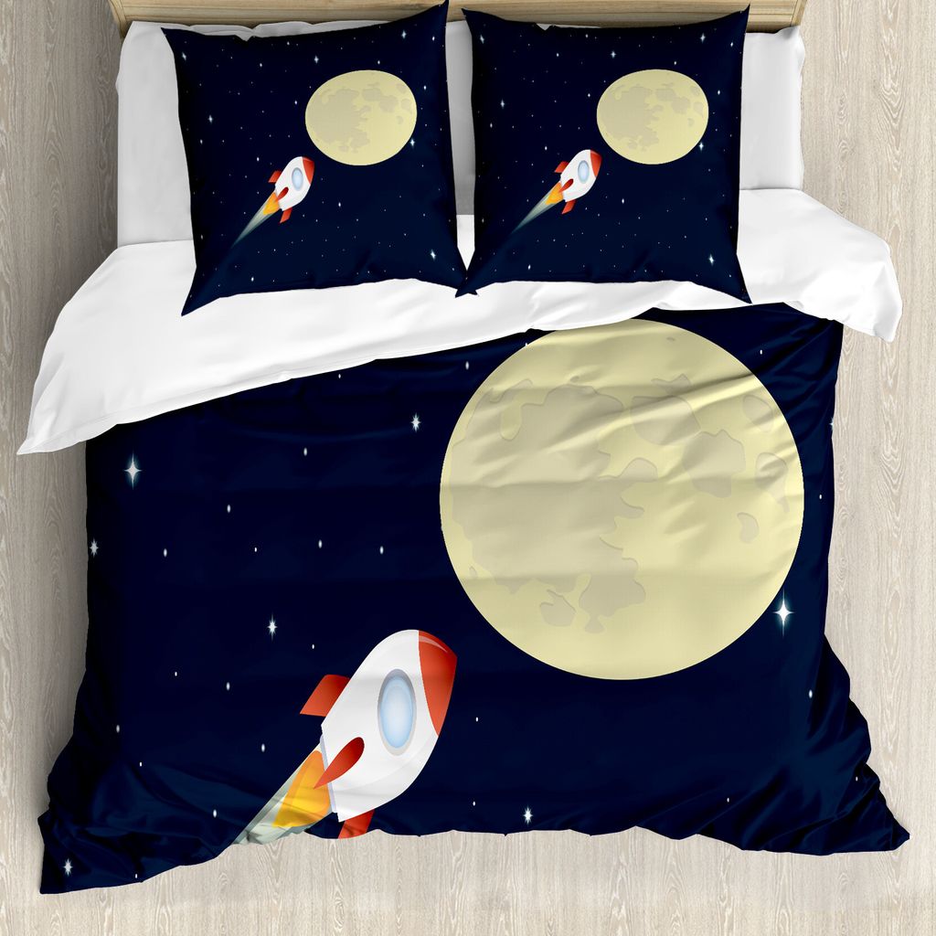 ABAKUHAUS Astronomie Bettbezug Set für Einzelbetten, Fliegende Rakete und Mond, Milbensicher Allergiker geeignet mit Kissenbezug, 200 cm x 200 cm ...