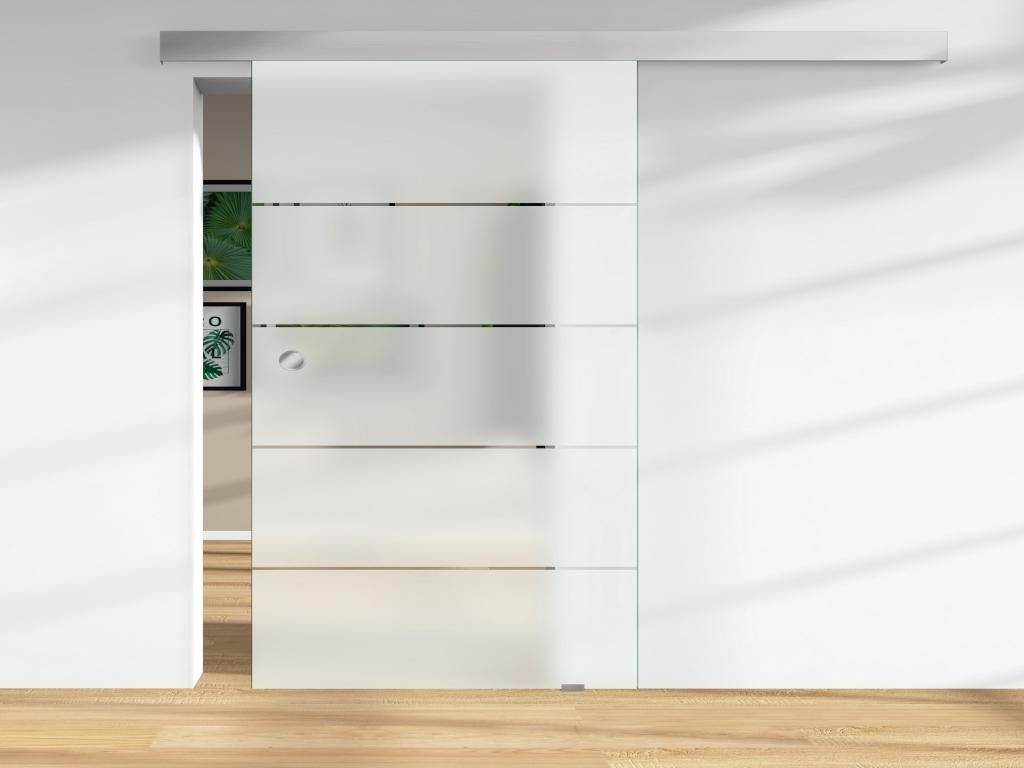 FLEXO mattweiß 100x200cm Ganzglasschiebetür ESG 8mm Sicherheitsglas, 4 klare Streifen, stufenlos höhenverstellbar, bodeneben, Duschabtrennung, B...