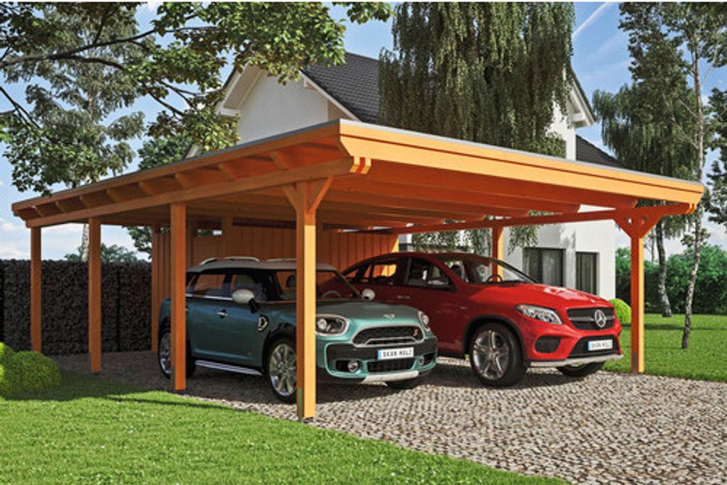 Doppelcarport SKAN HOLZ Emsland inkl. Abstellraum, Pfostenanker 613 x 846 cm eiche hell