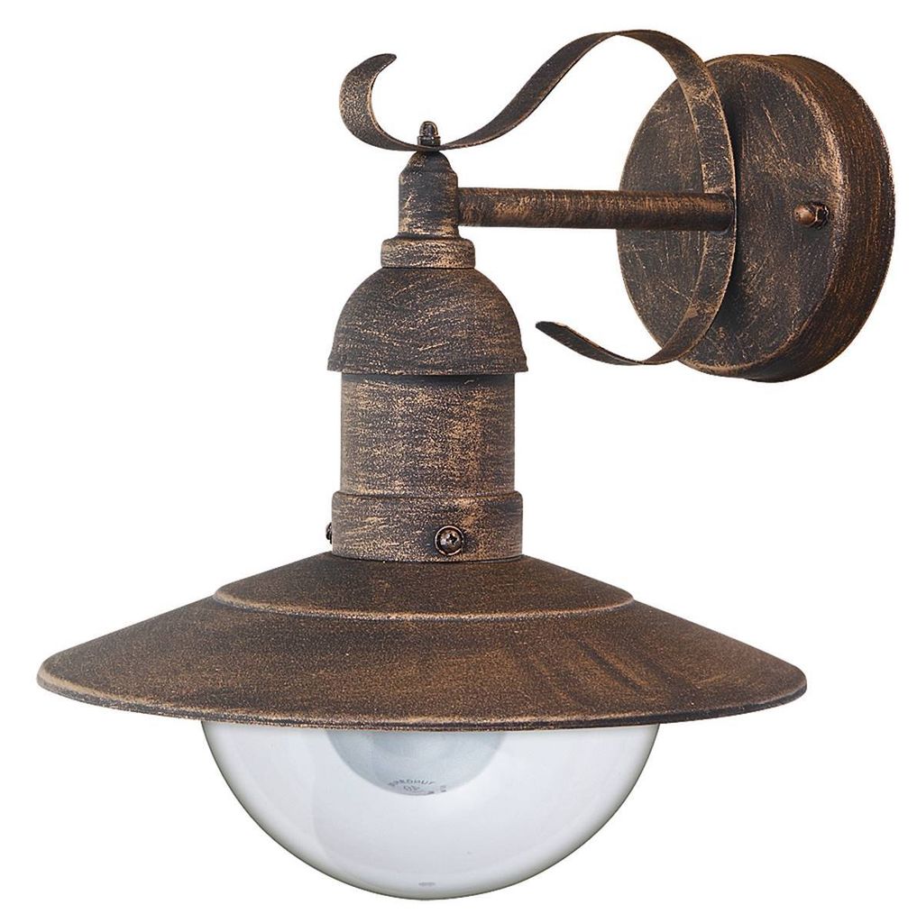 A single outdoor wall light fixture with a bronze and gold finish.