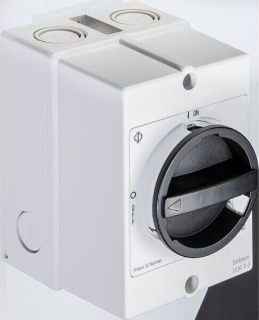 Kraus & Naimer Hauptschalter,3pol+1NO/1NC,AP-Geh. IP66,Ith=20 A,P=5,5 kW(AC23B,400V AC),2,5 mm², 1 Stk.