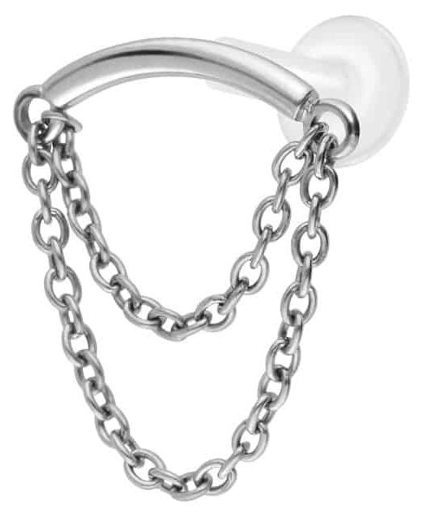 Ohrpiercing, Nasenpiercing PTFE Labret mit Innengewinde + Titan-Aufsatz BOGEN + 2 KETTEN Silber Stablänge: 6mm | Stabstärke: 1,6mm