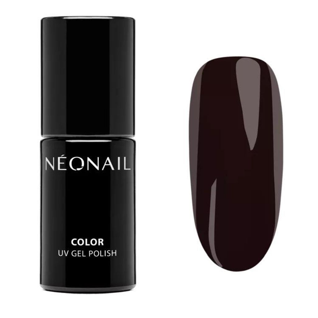 A bottle of dark brown UV gel nail polish and a swatch of the polish.