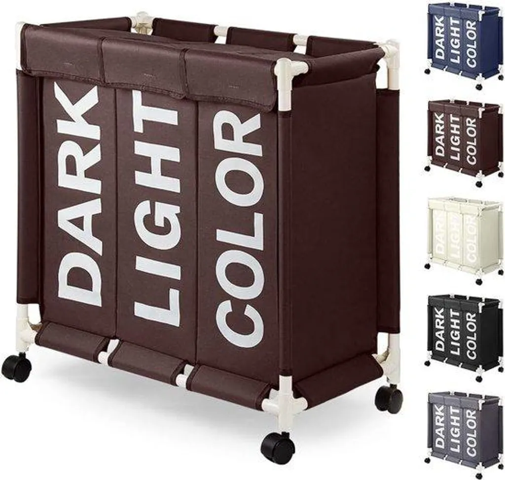 Trieur à linge 90L marron design avec 3 compartiments et sacs en tissu dur