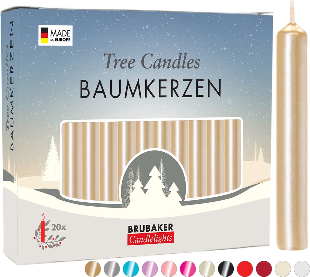 BRUBAKER Baumkerzen Wachs - Weihnachtskerzen für Weihnachtspyramiden und Schwibbögen - Pyramidenkerzen Christbaumkerzen, 100 Stück, Blassgold