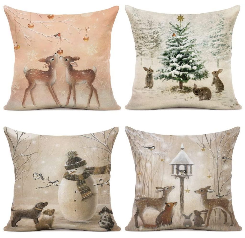 Set mit 4 Kissenbezügen, 45x45 cm, dekorative Leinen-Weihnachtskissen für Sofa, Schlafzimmer oder Sessel.