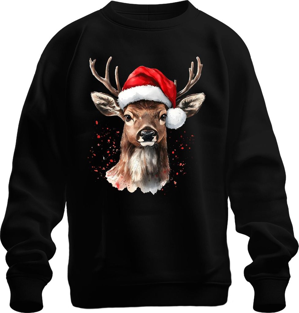 Rentier Santa Hut Weihnachten Aquarell Splatter Geschenk Retro Uni Sweatshirt Pullover, Schwarz, 3XL