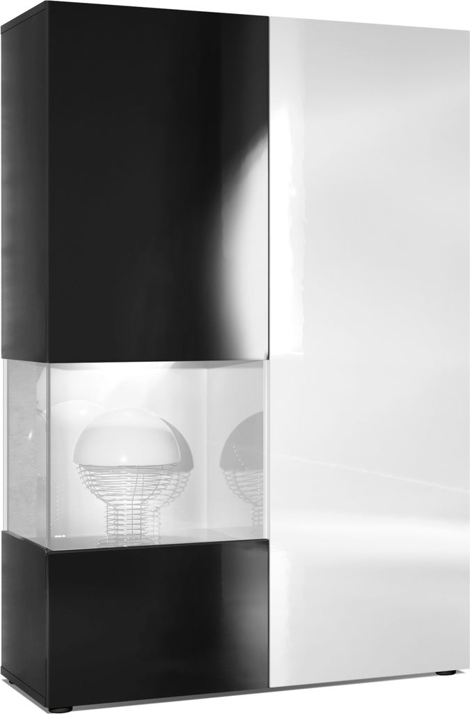 Vladon Vitrine Kommode Hochschrank Morena, Germany, Korpus in Schwarz matt / Rechte Tür und der Einsatz in Weiß Hochglanz, inkl. LED Beleuchtung